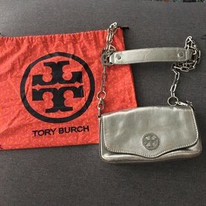 Metallic Silver Tory Burch Crossbody Clutch